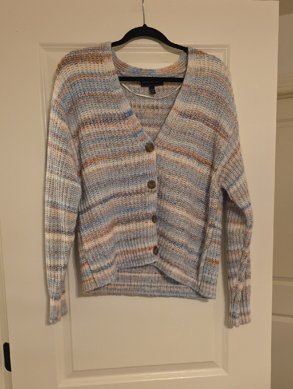Lane Bryant 14/16 Light Blue and Tan Striped V-Neck Button Cardigan